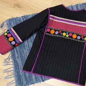 Hand Crafted Black purple colorful geometric Quilted Blazer jacket deep pockets